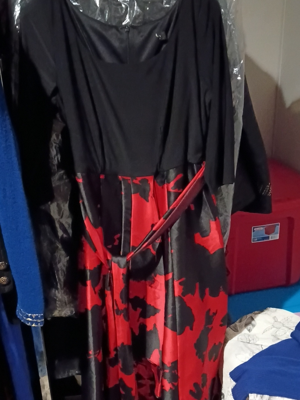 Black and Red Floral Evening Dress with Draped Bodice